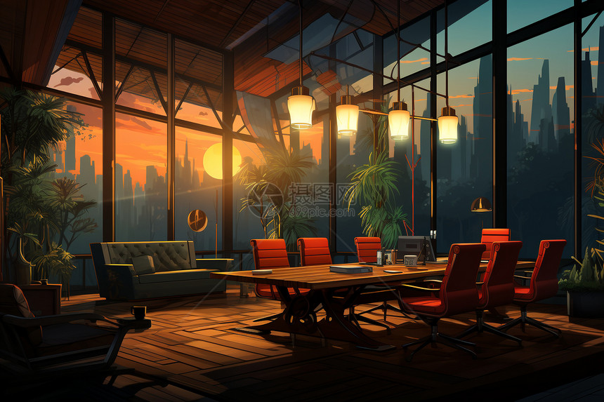 城市黄昏外会议室的温馨画面图片