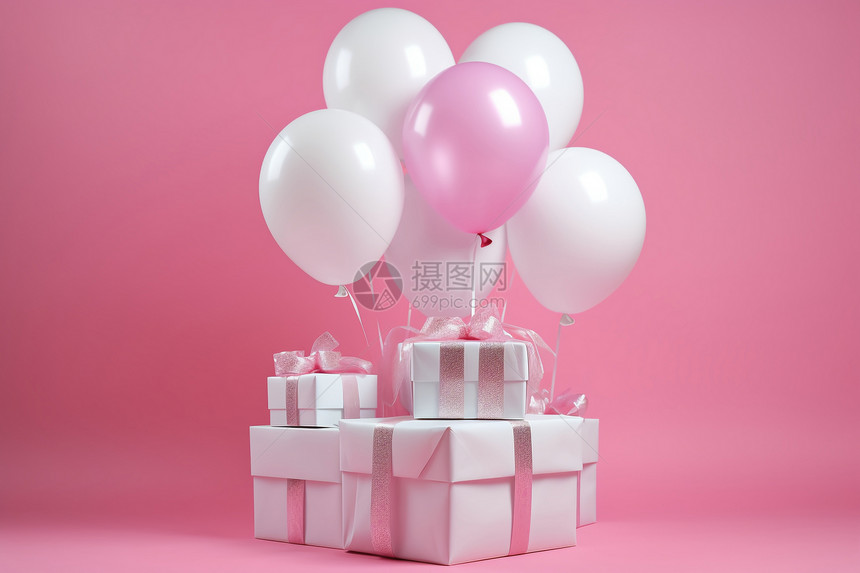粉色背景前的礼盒和气球图片