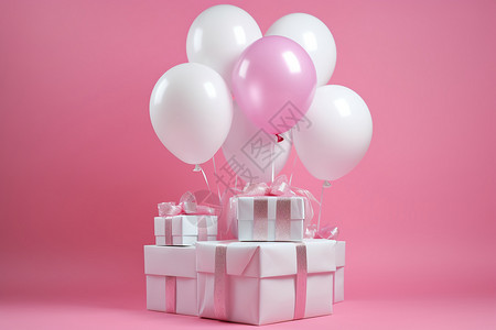 粉色背景前的礼盒和气球背景图片