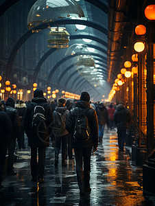 雨中行走路人一群人在湿漉漉的人行道上背景