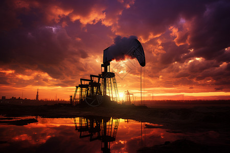 日落中的石油提炼图片