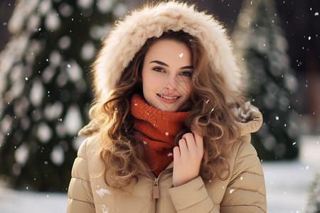 冬日雪地里穿着羽绒服的女人高清图片