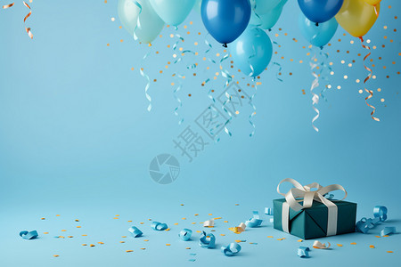 喜庆生日蓝色派对的礼物盒和气球背景