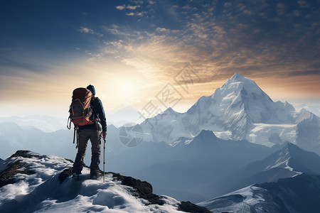 冒险者征服雪山的旅行者高清图片