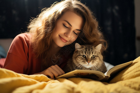 床上看书的猫咪和女人图片