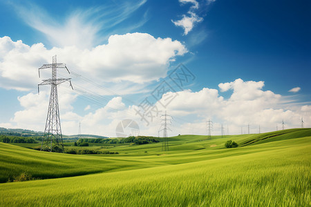 工业云耸立在田地中的电网背景