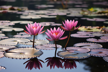 花园池塘中盛开的美丽莲花背景图片