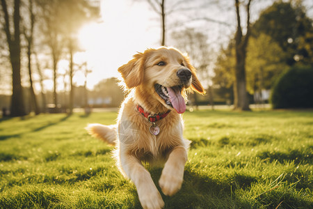 欢乐的小狗在草坪上开心奔跑图片