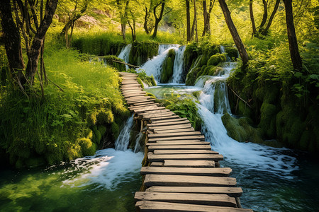 神秘森林中的木桥和瀑布高清图片