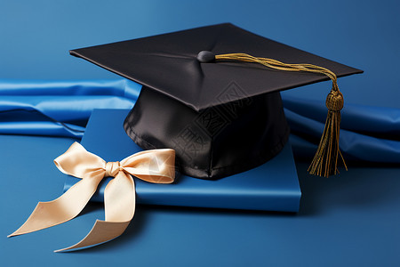 桌上的毕业证书和学士帽背景图片