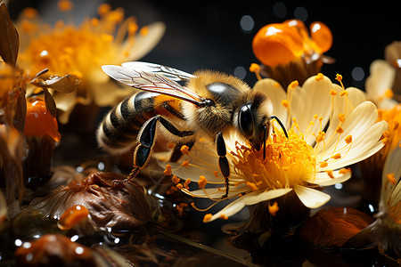 花蕊上采蜜的蜜蜂图片