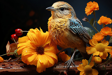 站立黄色小鸟花朵旁美丽的小鸟背景