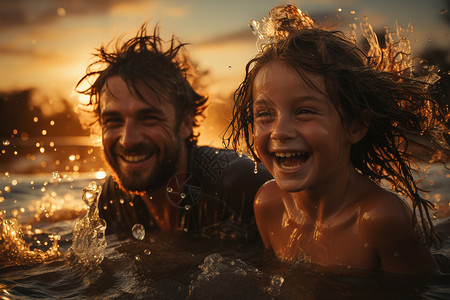 夕阳下水上嬉戏的父女图片