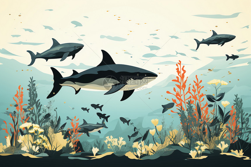 海底的鲨鱼平面插图图片