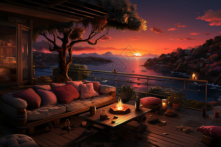 泸沽湖观景台海边惬意的阳台装饰插画