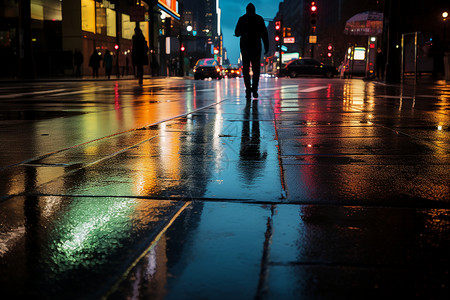 雨后湿滑的城市街道背景图片