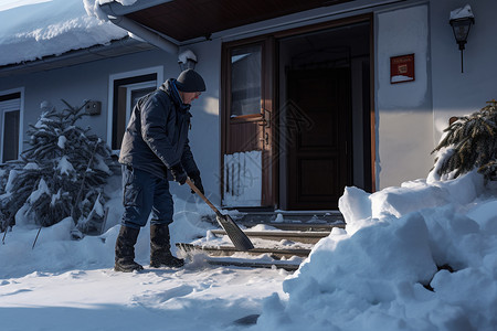 清扫门前雪的男子图片