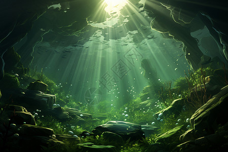 阳光光束清澈的海底植物世界插画