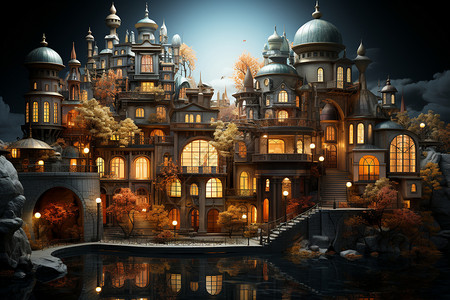 雕塑夜景精致的欧洲住宅建筑模型插画