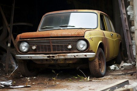 破旧复古汽车路边停靠的废弃老式汽车背景