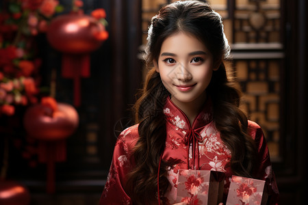 中式春节穿搭的小女孩背景图片