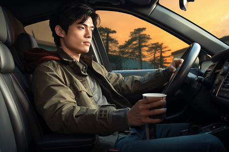 坐在车内喝咖啡的人图片