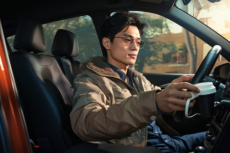 开车戴墨镜喝咖啡男子坐在车里背景