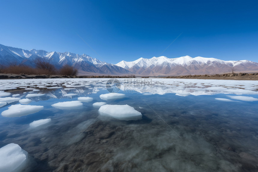 雪山下结冰的河流图片