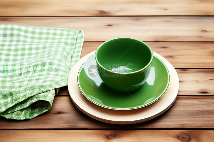 绿色的盘子和厨具图片
