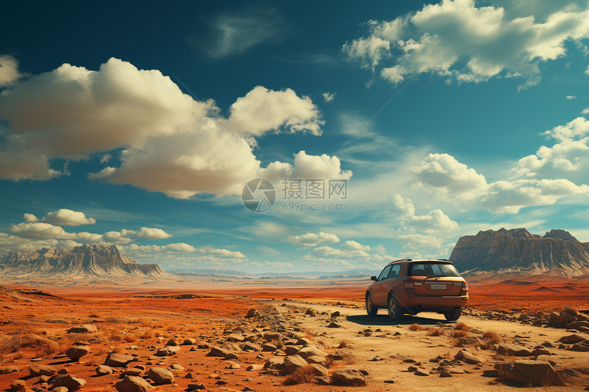 行驶沙漠道路上的汽车图片