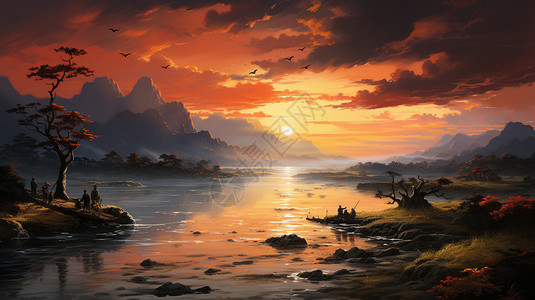日落时的山水油画图片