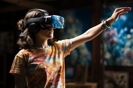VR头盔戴着VR眼镜的女子背景