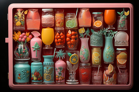 冰箱中的水果和罐子图片