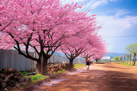 樱花道道路上的花树和行人插画