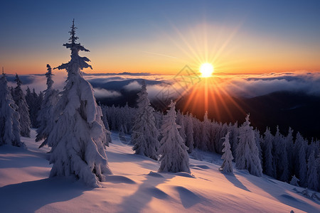 冰雪山脉夕阳美景图片