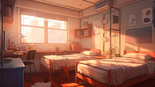宿舍书桌阳光照耀下的房间插画