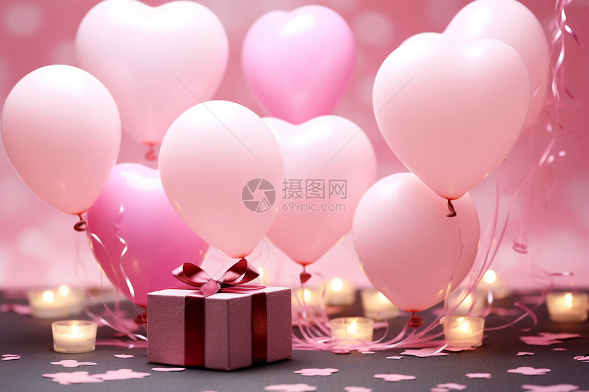 庆祝的粉色气球和礼物图片