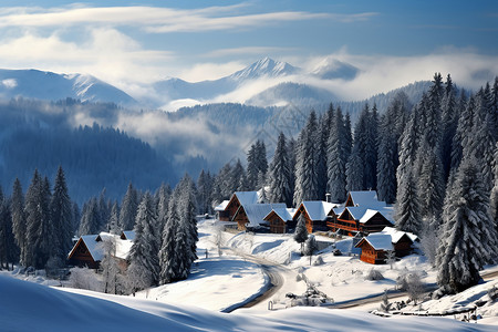 冬天森林雪景冬日的雪山木屋背景