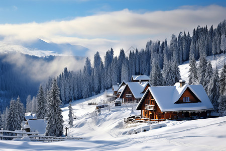 森林雪地冬日山居背景