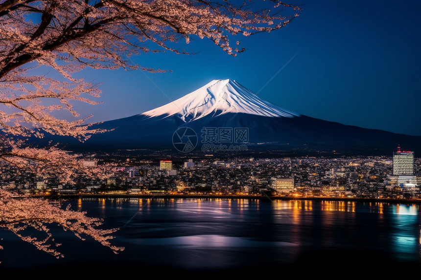 樱花盛开下的富士山图片