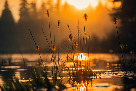 日出湖泊的芦苇塘景观高清图片