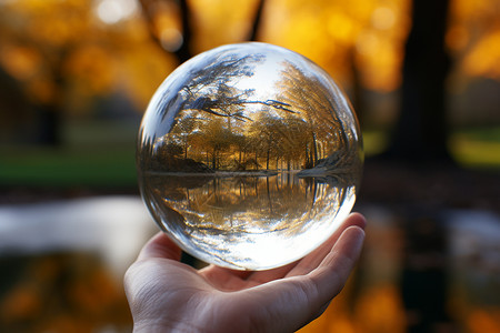 透明梦幻气泡透明水晶球中的树林倒影背景