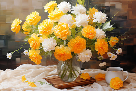 花瓶中盛开的黄色玫瑰花图片