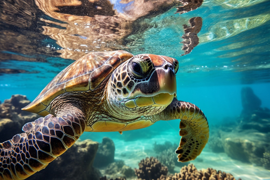浮潜的可爱海龟图片