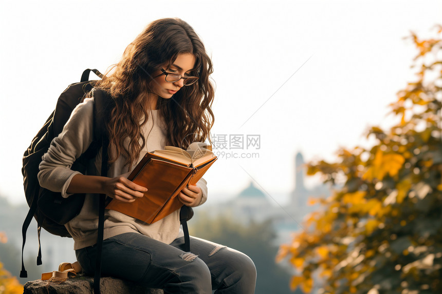 学生坐在岩石上阅读书籍图片