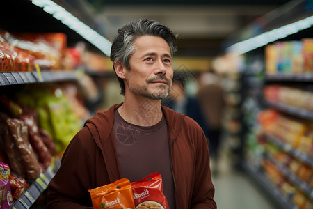 超市货架旁的中年男子图片