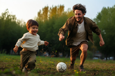 草地上开心踢足球的父子图片