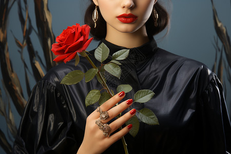 手拿红玫瑰的时尚女子高清图片