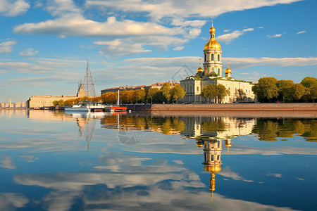 俄罗斯圣彼得堡风景河上的圣彼得堡教堂背景