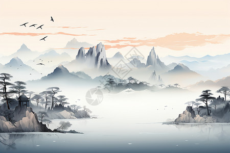 意境中的山山水画中的美丽景色插画